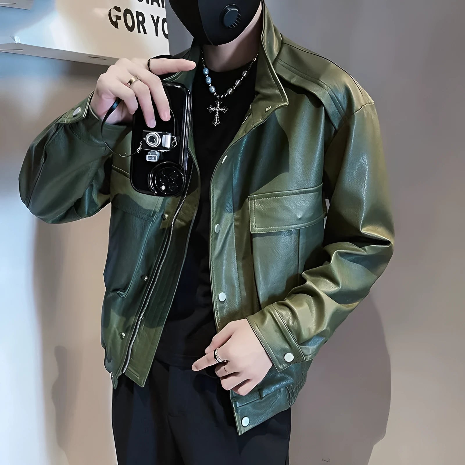 Men's black Korean style PU leather jacket with straight hem design