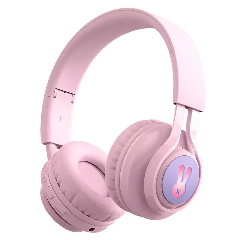Wireless children's headphones with RGB lighting in bunny purple colour showing power display indicator