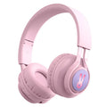 Wireless children's headphones with RGB lighting in bunny purple colour showing power display indicator