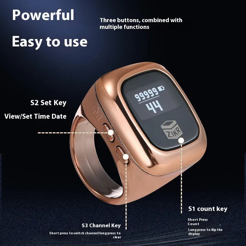 Al-Fatiha electronic zikr counter with digital display on a wrist, shown in various colours.