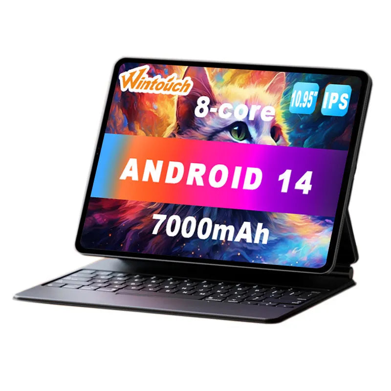 10-inch bare metal blue tablet PC on a desk with charger, USB cable, and screen protector.