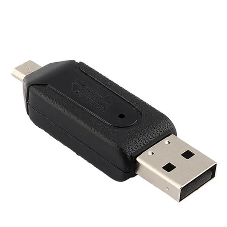 White USB OTG dual-purpose card reader for SD and TF memory cards next to a mobile phone.