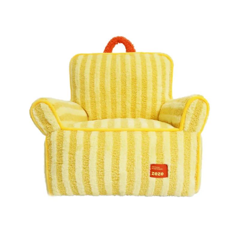 Striped plush dog bed with removable cover in yellow, orange, and purple colour options.