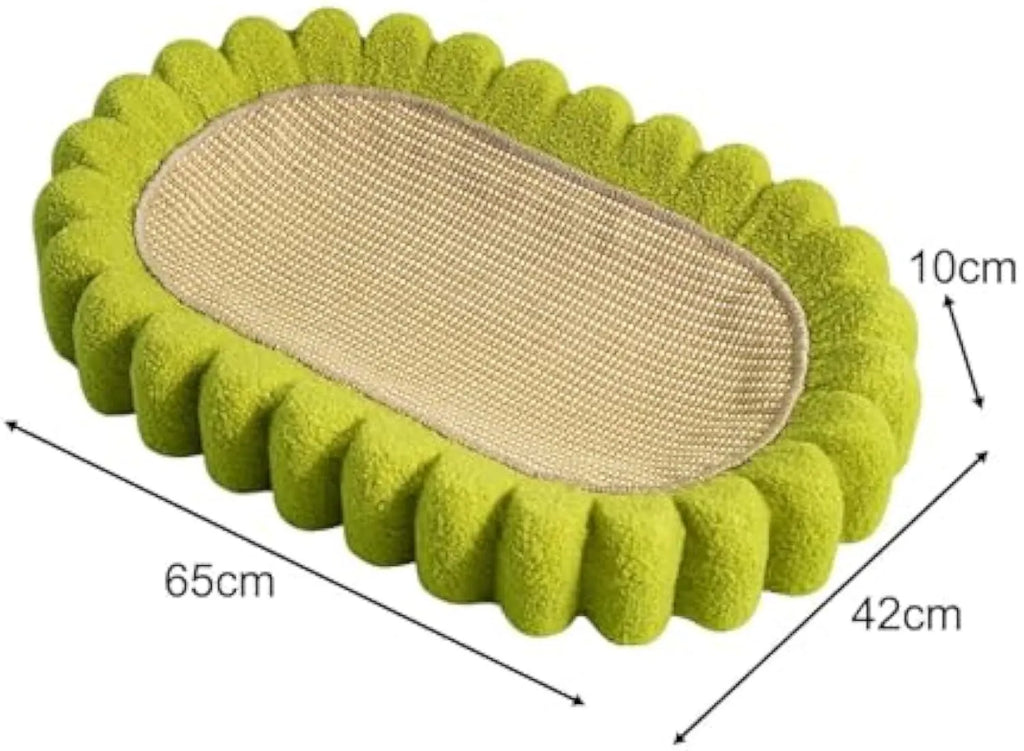 Green oval cat scratcher bed made of sisal, showing scratching surface and lounging area.