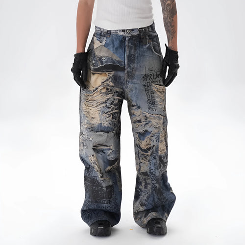 3D digital printed ripped graffiti straight jeans in picture colour, wide leg mid waist denim trousers