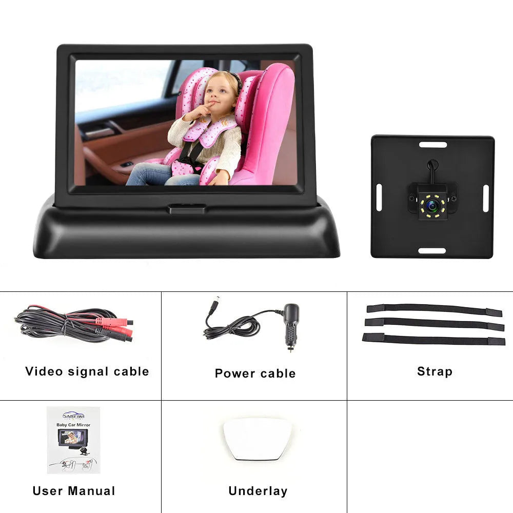 Black 4.3 inch folding screen car baby monitor with cigarette lighter power cord and infrared camera