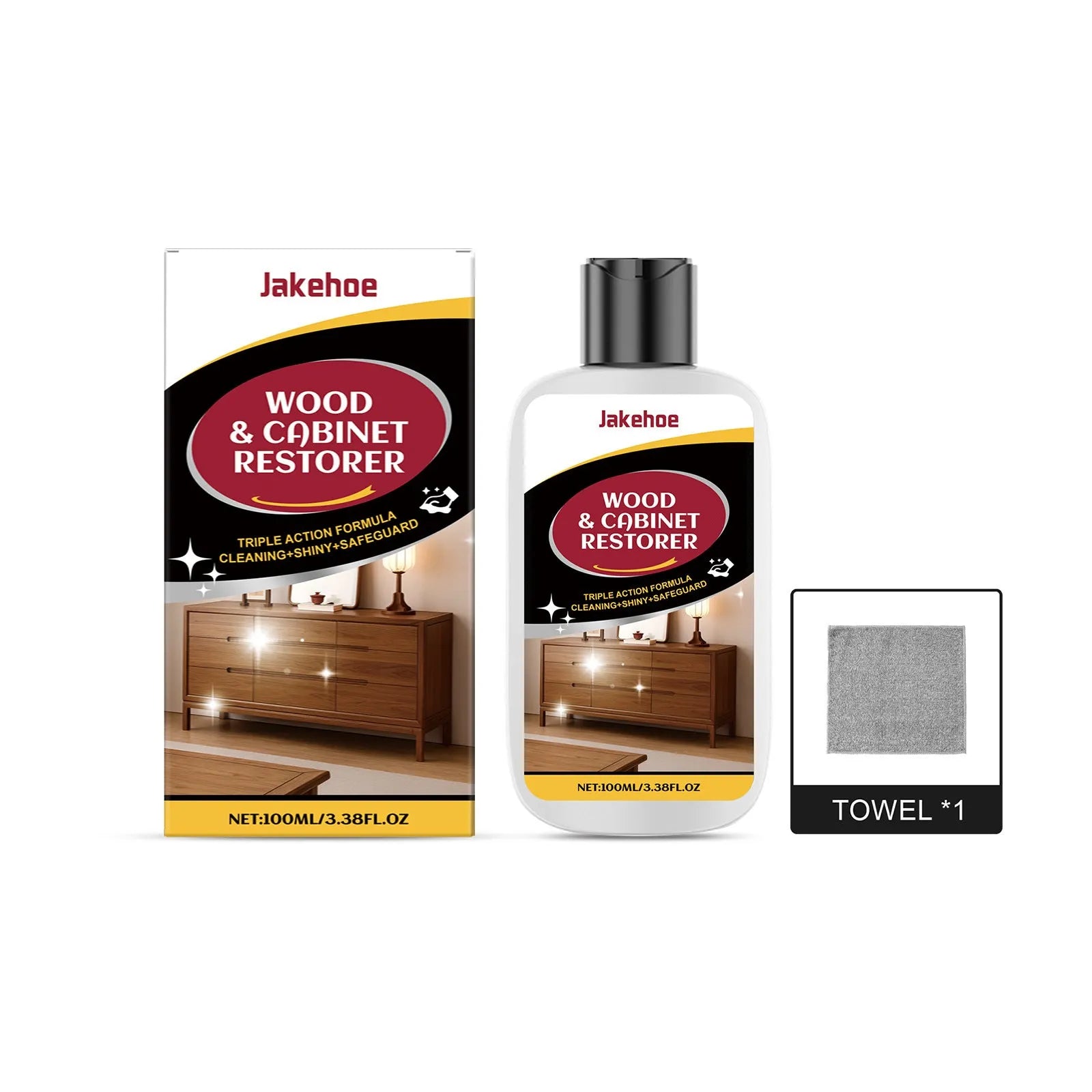 Wooden furniture scratch care agent kit showing 100ml bottle and microfibre towel