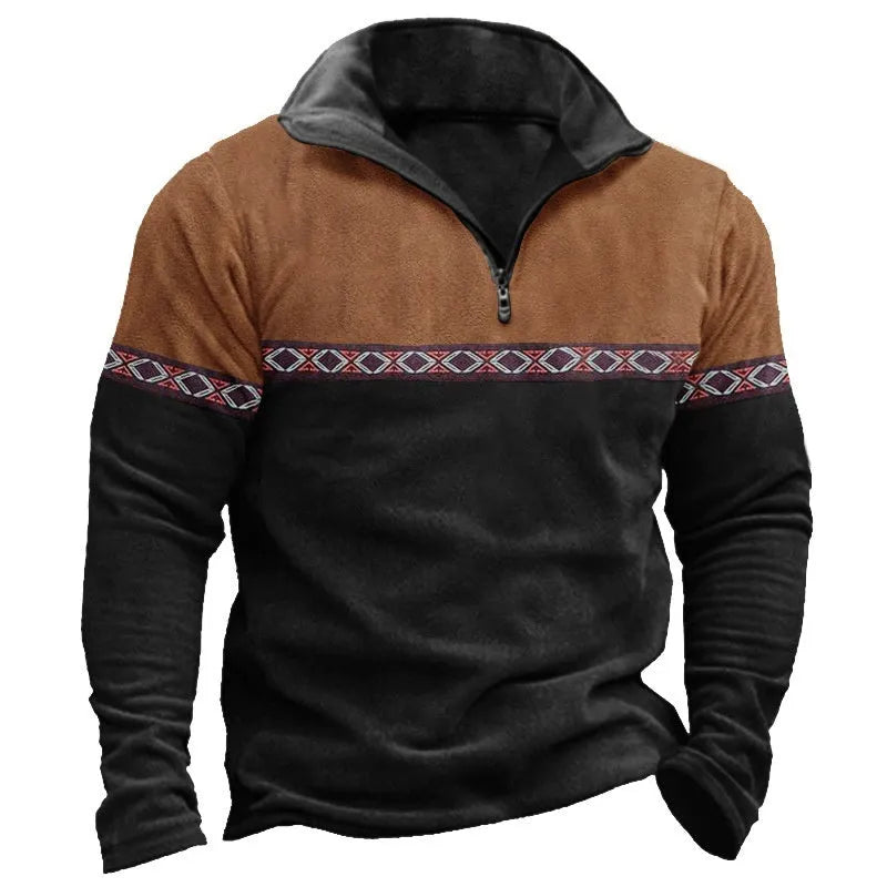 Man wearing a multicolour retro patchwork zip-front polo sweater.