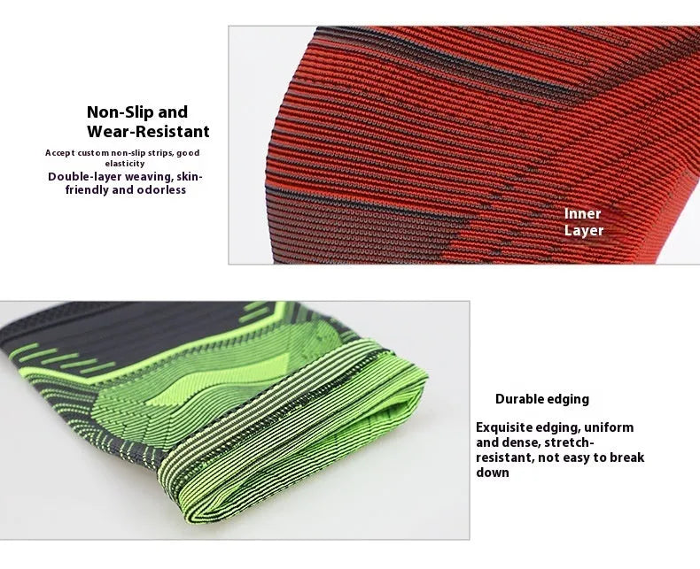 Outdoor sports kneecaps with four-sided elastic construction, shown in red, green, and orange colours, sized for tennis and athletic use