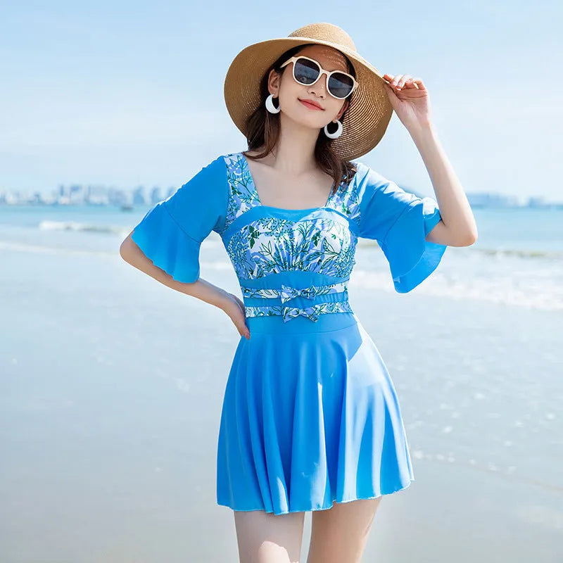 Women's green and blue seaside floral print one-piece swimsuit in chemical fibre blend fabric