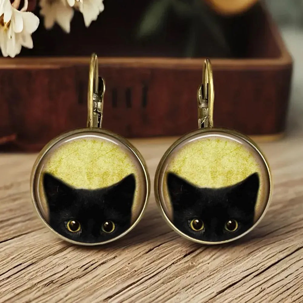 Handmade retro cartoon animal earrings in fox, cat, and chicken designs with alloy and gem glass construction