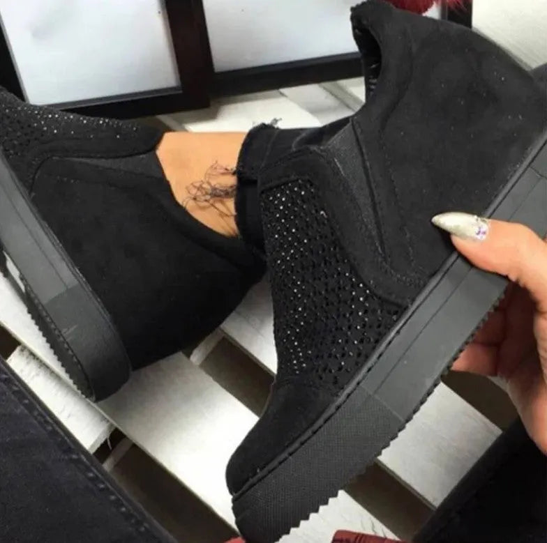 Women's Idle Rhinestone Hollow Loafers in black suede with slope heel and waterproof platform