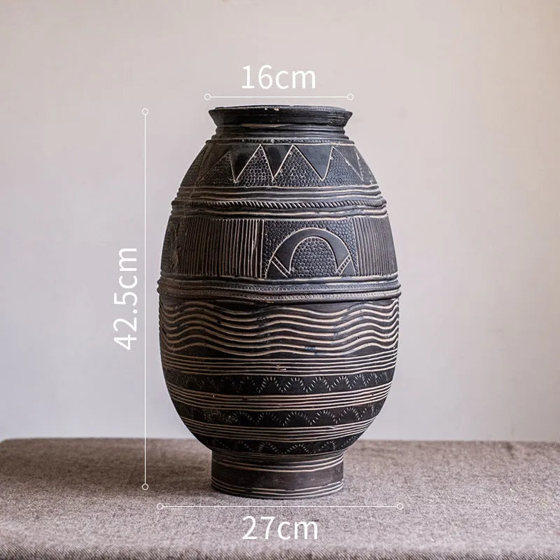 African ancient style cement flower pot with punched drainage holes, medium size ethnic planter