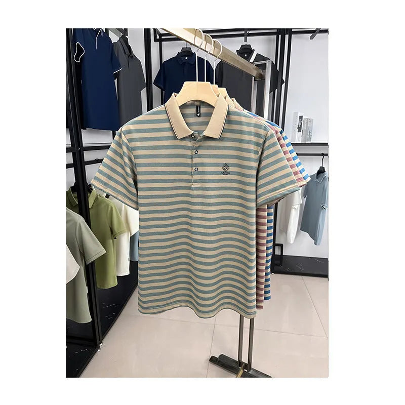 Striped red men's short sleeve t-shirt with a mosaic pattern detail on the front.