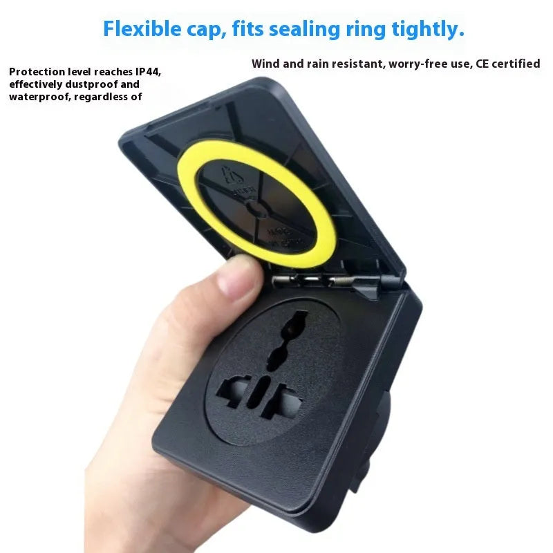 Waterproof electromechanical socket for RV industry rated 2500W 10A in black colour with tripod connector
