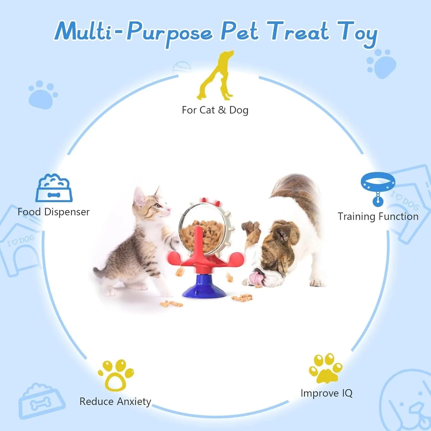 Interactive pet puzzle feeder toy with rotating food dispenser and sucker base in multiple colours