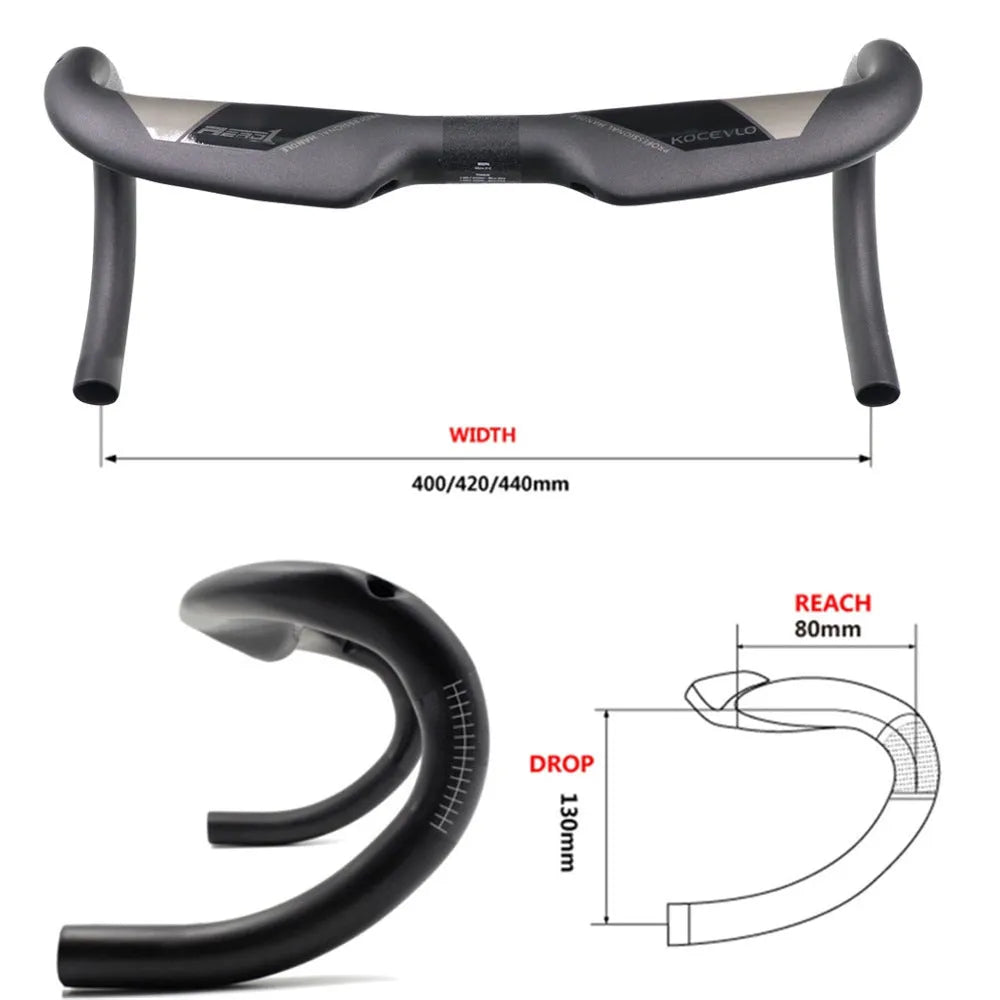 Matt black carbon fibre road bicycle handlebar shown from above, with bent drops.