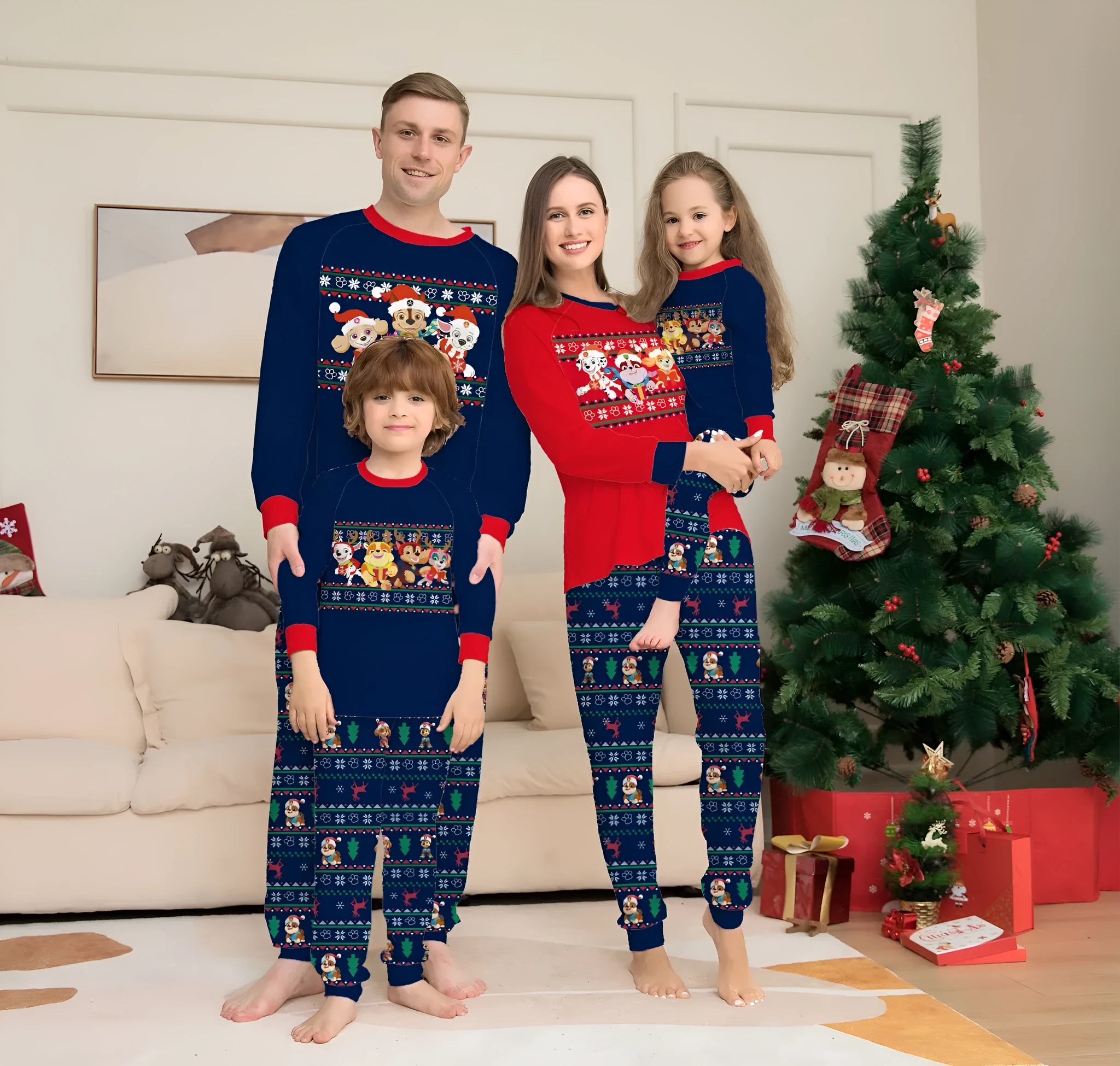 Red and black plaid Christmas pajama set with deer print, shown on matching family members including a dog.