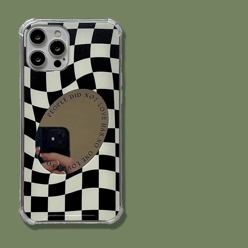Mirror phone case with chessboard plaid pattern against black background