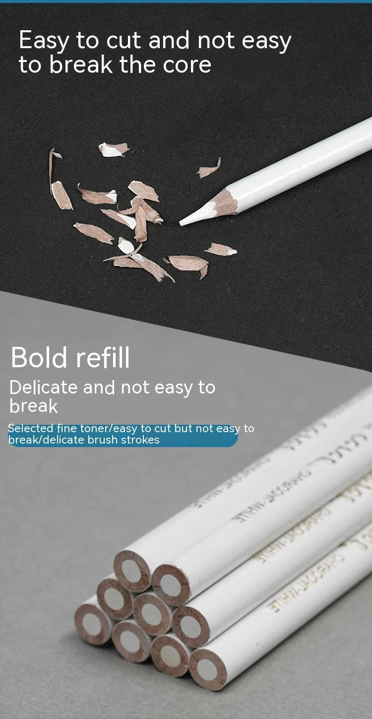 Three white charcoal pencils with wooden casings for sketching and highlighting on dark paper