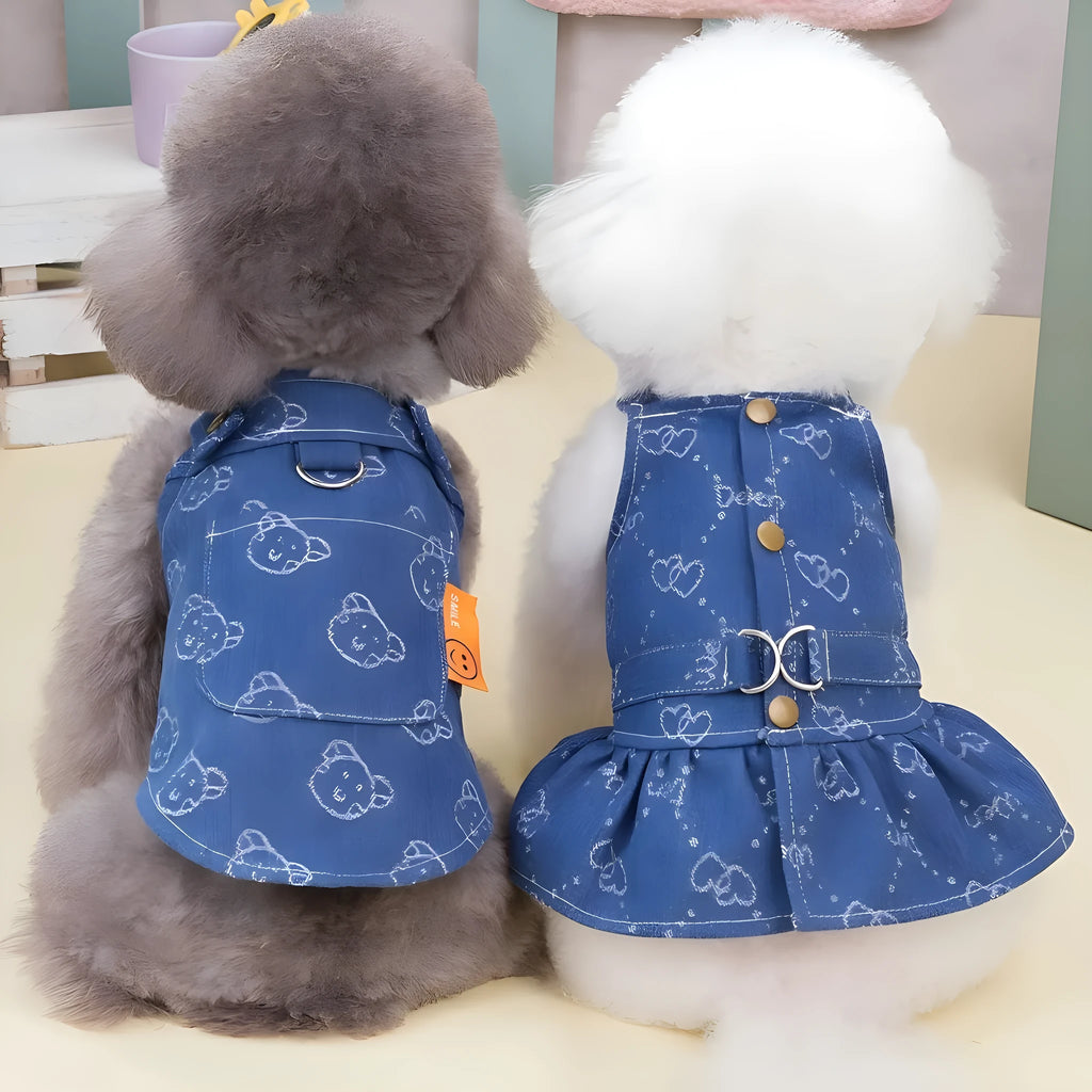 Denim princess dress for small dog with bracket skirt design in blue denim