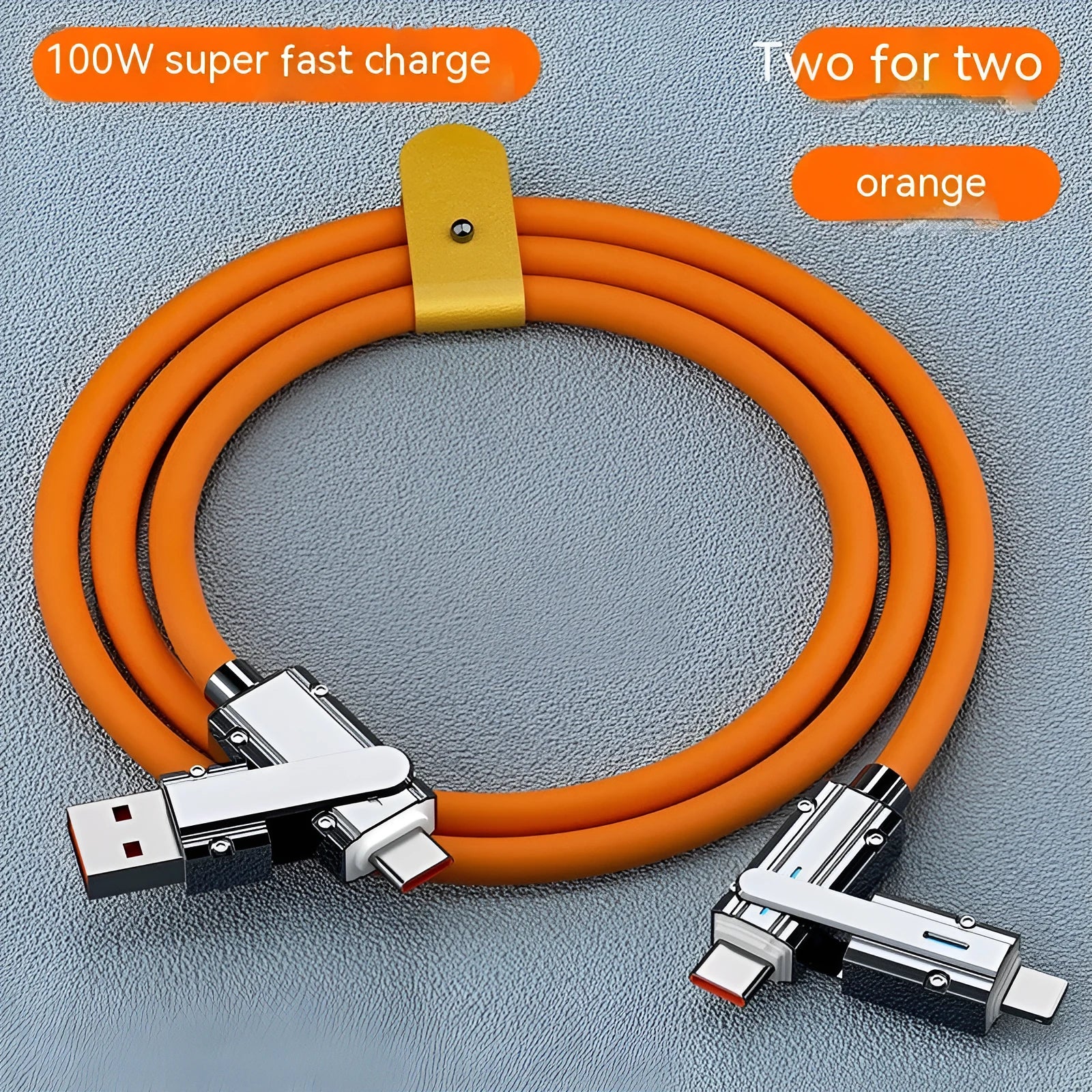 Orange fast-charging cable with Lightning and Type-C connectors, 1 metre long with zinc alloy ends.