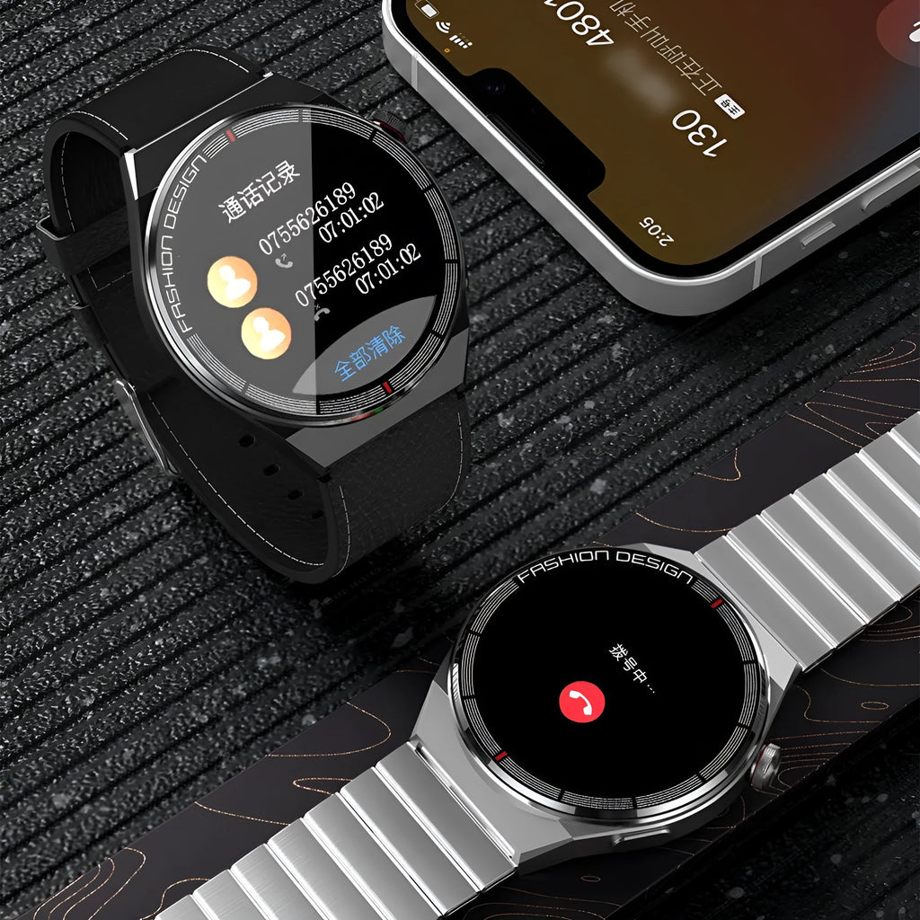 Smartwatch with black shell and black silicone strap, 1.28 inch screen, Bluetooth call and NFC for health monitoring