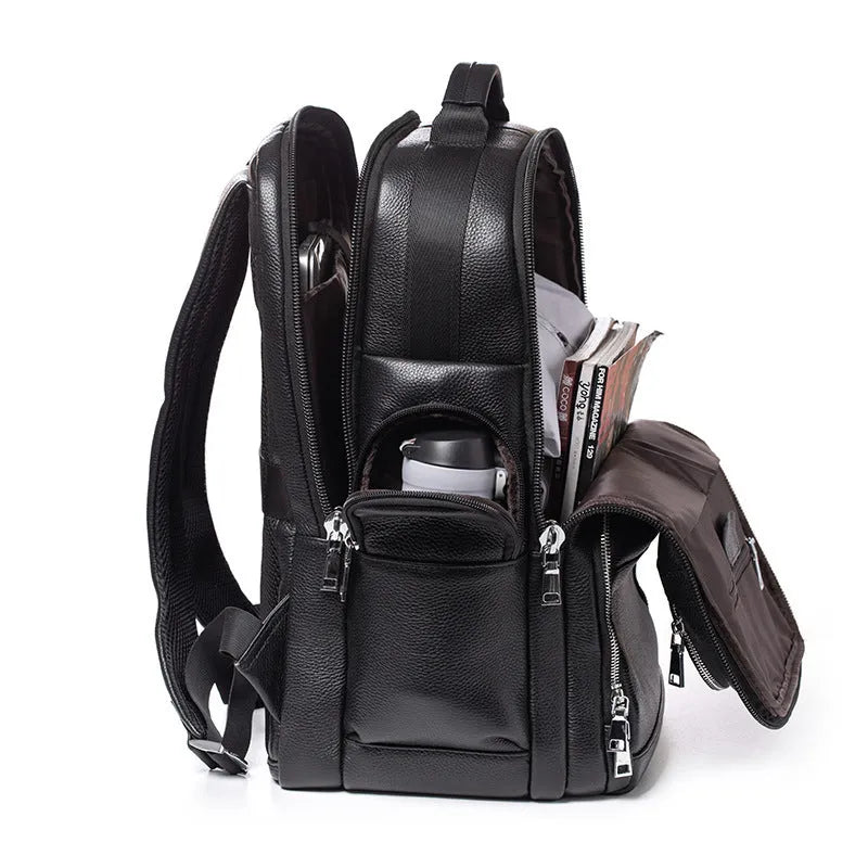 Black genuine leather men's travel backpack with first layer cowhide and nylon lining