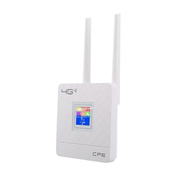 CPF903 LTE router unit with two attached external antennas, USB cable, and power adapter on a desk.