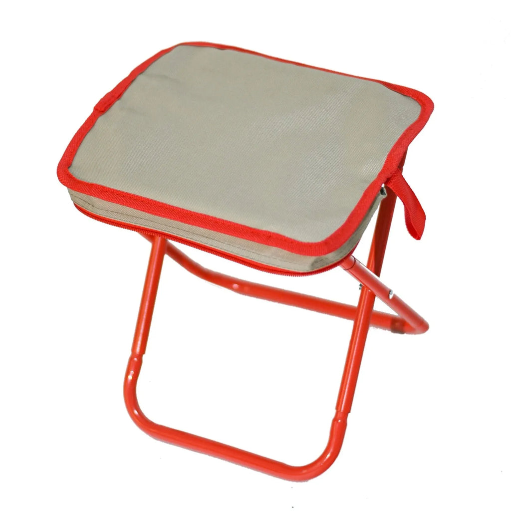 A folded lightweight camp stool with an Oxford cloth seat in a choice of colours.