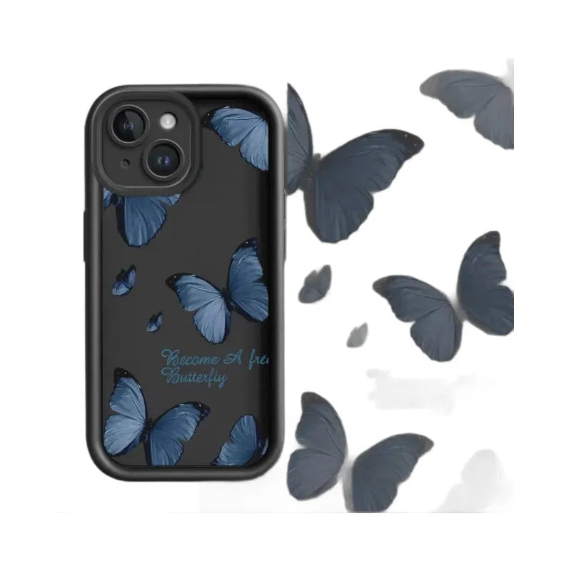 Blue butterfly printed edging drop-resistant TPU phone case for iPhone in black colour