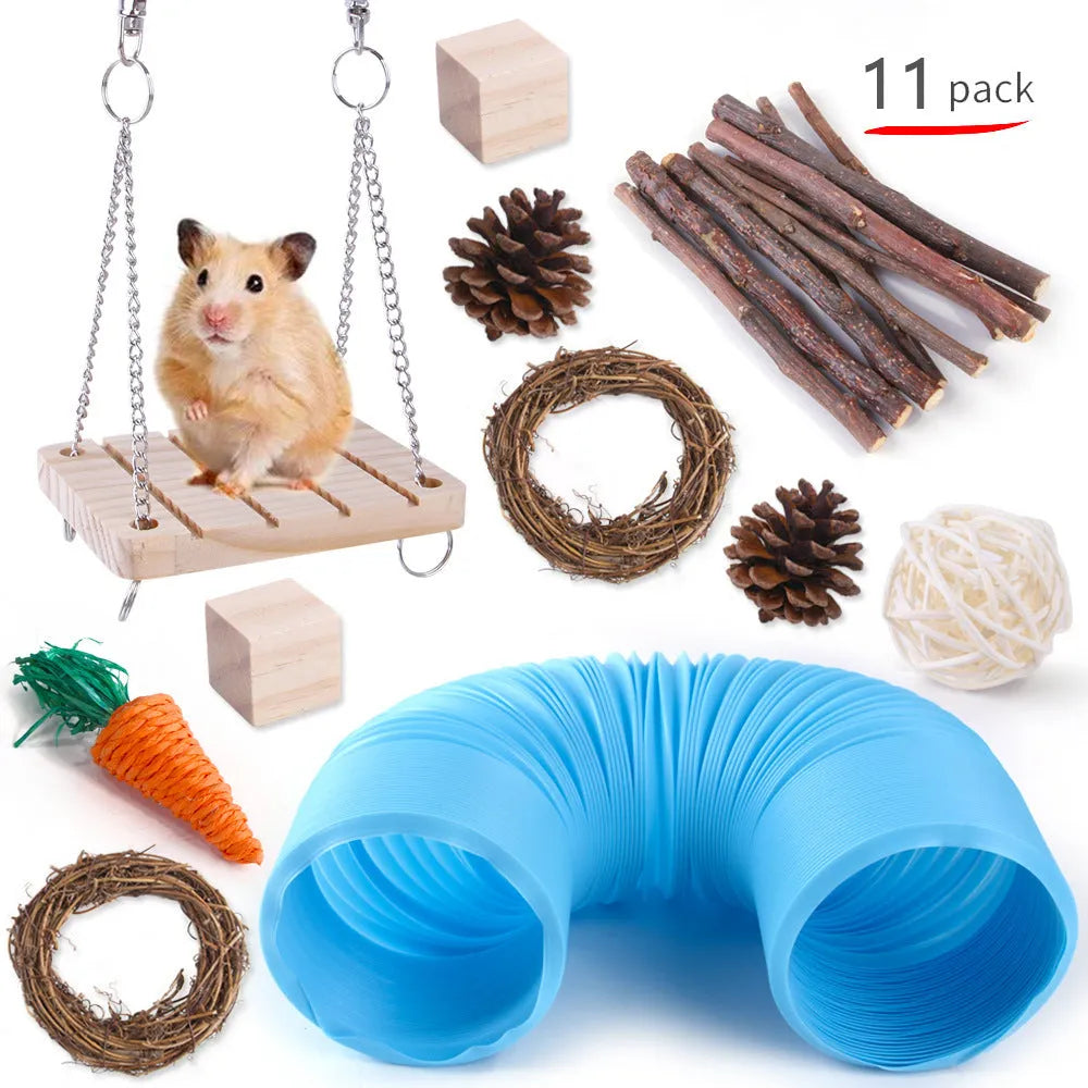 Wooden pet toy set with straw mats and woven balls for rabbits and guinea pigs