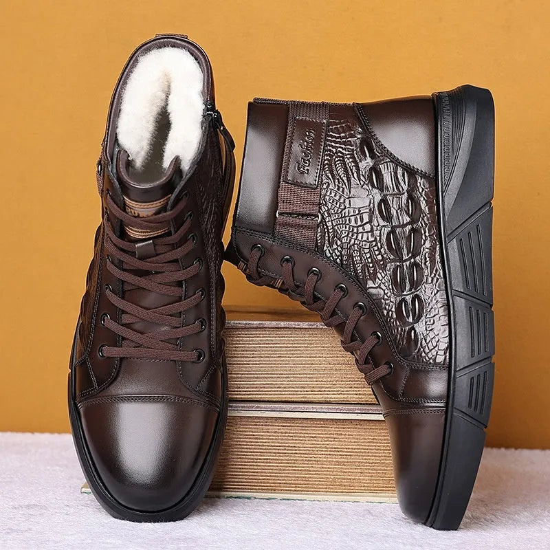 Black genuine leather winter boots with fur lining, round toe, lace-up front, and a rubber sole.