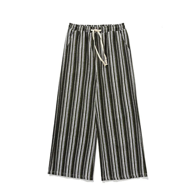Vintage stripe loose straight mopping trousers in cotton blend fabric showing straight leg opening