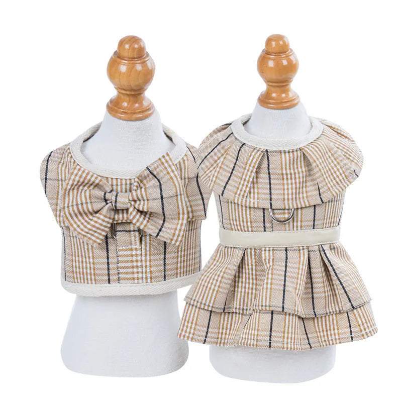 Milky white and purple pet vest harnesses with integrated hand-holding rope and skirt.
