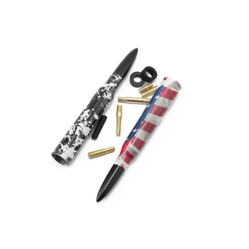 Bullet-style car antenna in camouflage green, black, or American flag design, showing 14cm length.
