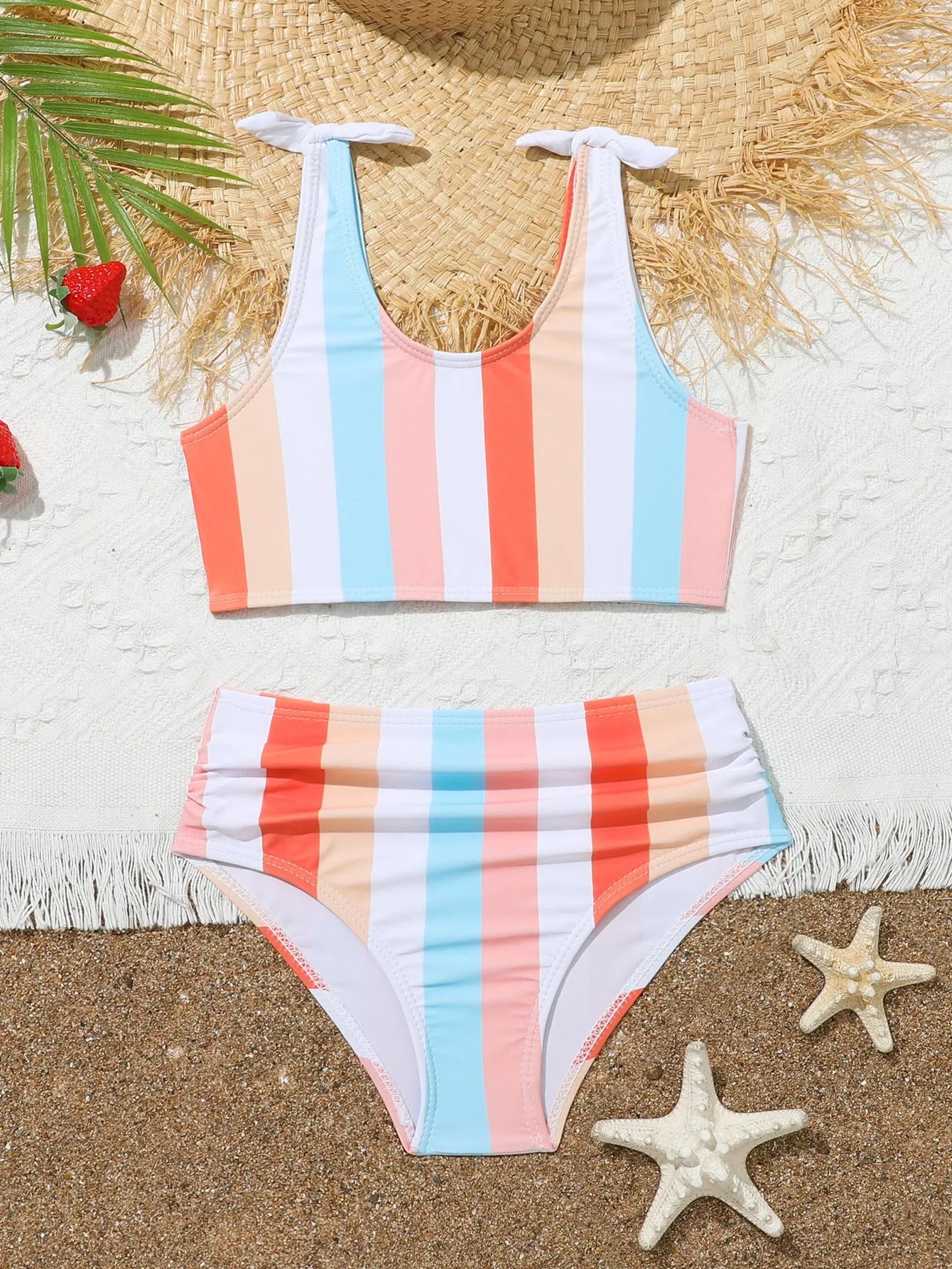 Girls' colourful plaid print swimsuit set with bra and briefs for swimming