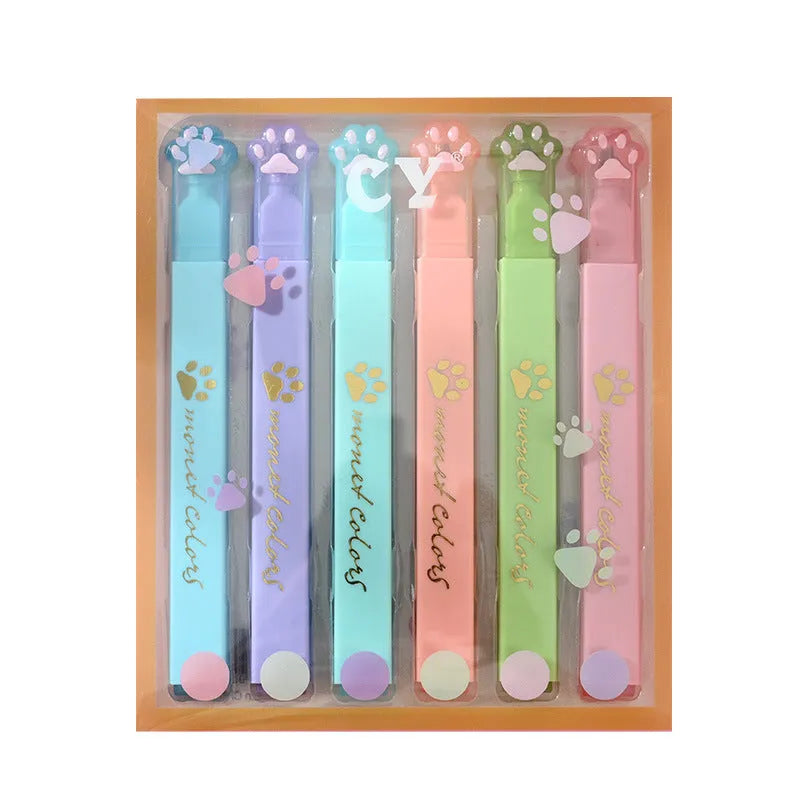 Cat's Paw brand box containing six fluorescent marker pens with oblique heads, in assorted colours.