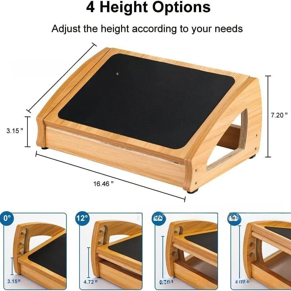 Wooden adjustable bamboo desk footstool in natural wood colour for adult office use