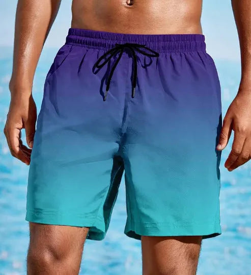 Men's gradient colour 3D digitally printed sports shorts in mesh fabric showing micro-elastic texture