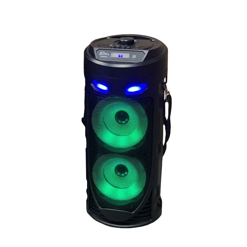 Black portable Bluetooth speaker with dual horn design and card slot