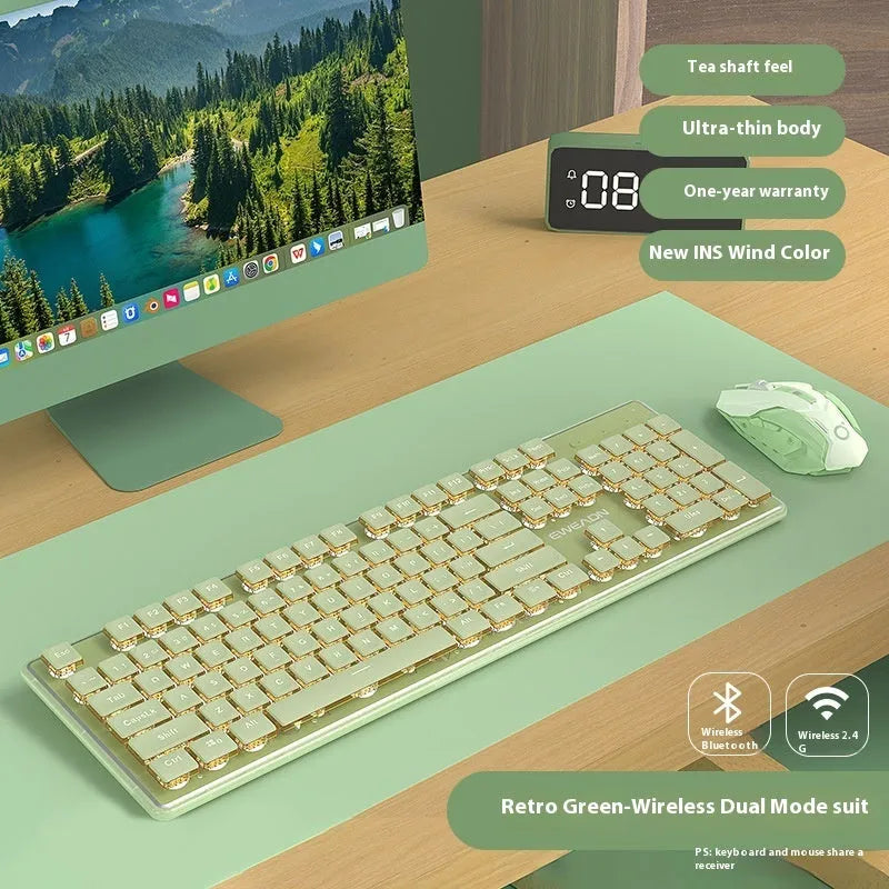Prewalker V3 wired mute keyboard and mouse suit in retro green colour on a desk