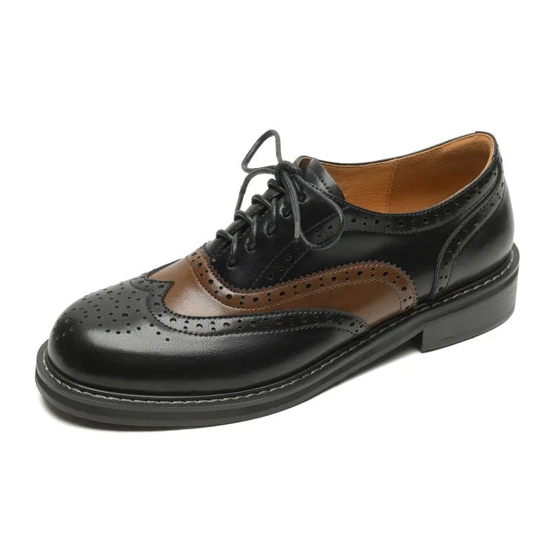 Brown women's sheepskin stitching retro brogue leather shoes with low heel and cross strap