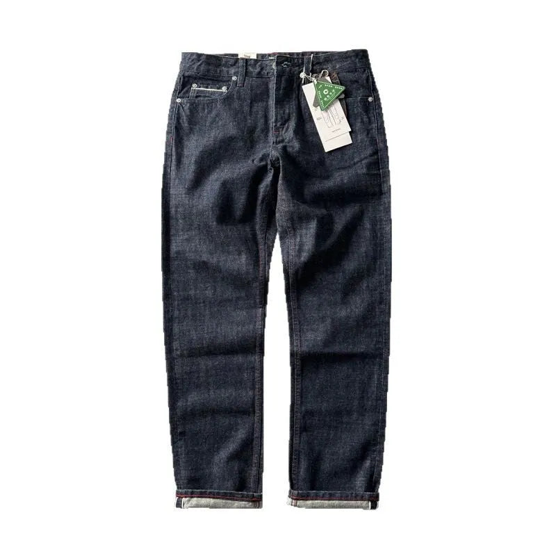 Men's primary colour straight leg denim jeans with American retro styling on a mid waist