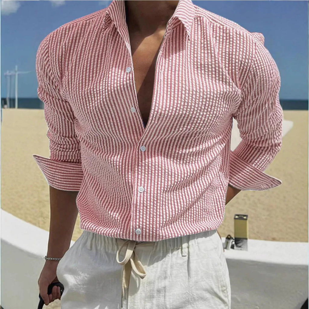 Man's blue and white striped long sleeve shirt with a cardigan lapel collar