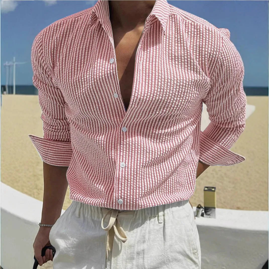 Man's blue and white striped long sleeve shirt with a cardigan lapel collar