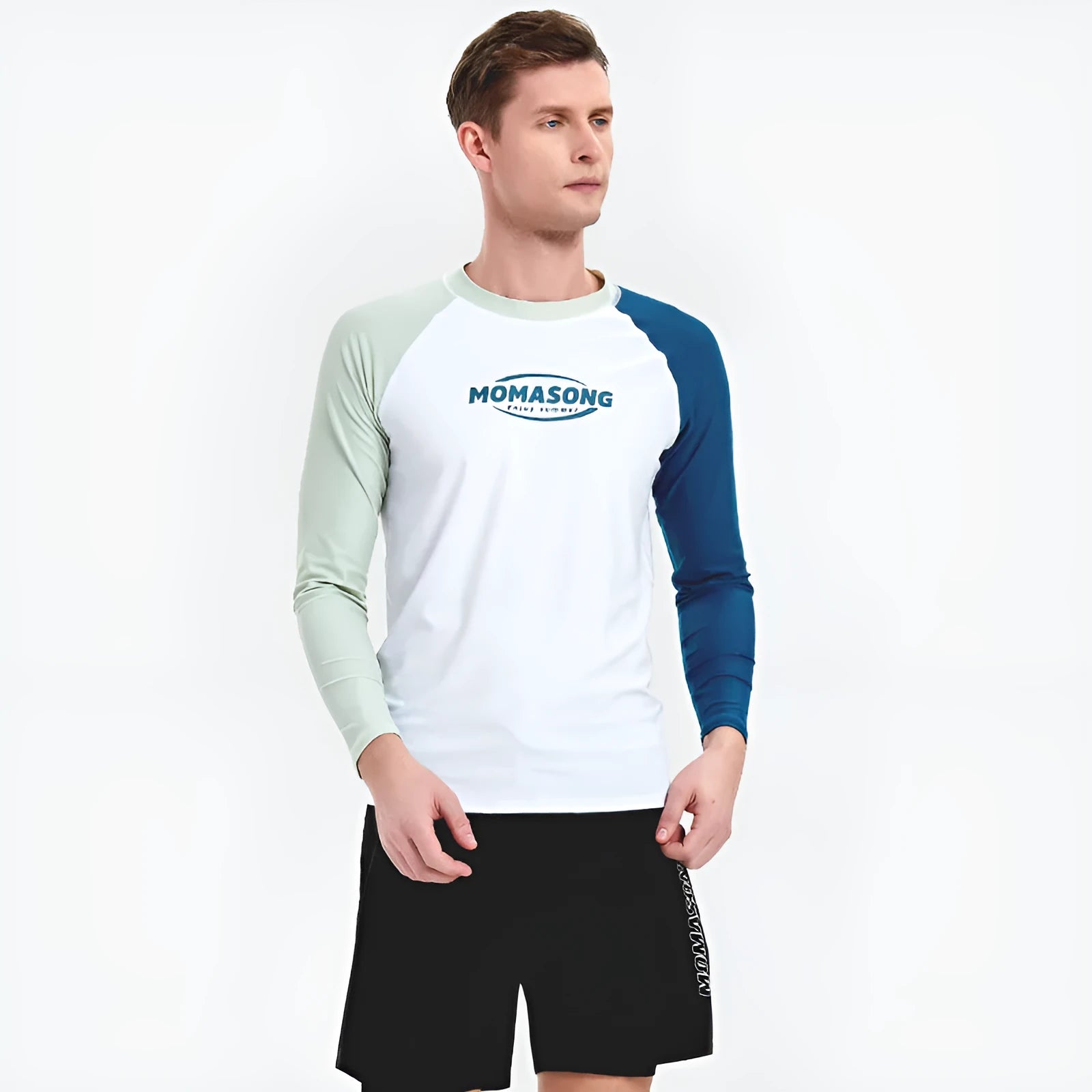 White men's long-sleeved swimsuit top and matching swimming trunks for beach sports
