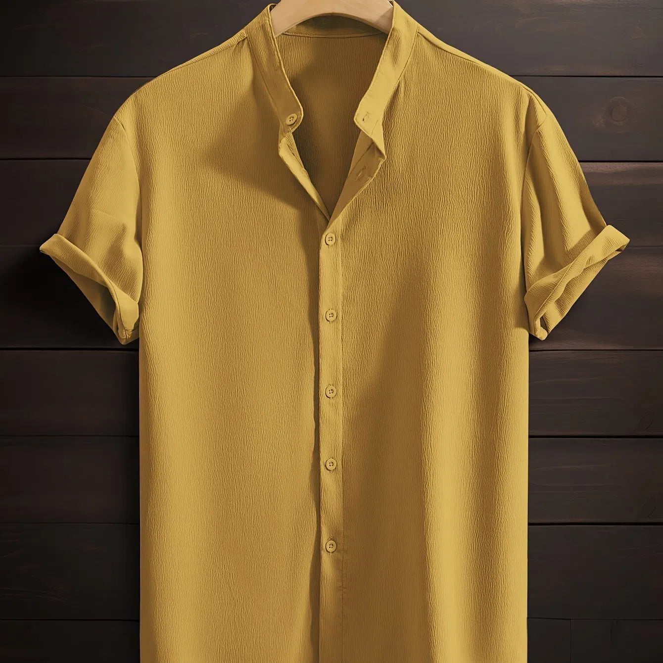 Men's casual breathable polyester stand collar short sleeve shirt in solid colour, loose fit, non-iron