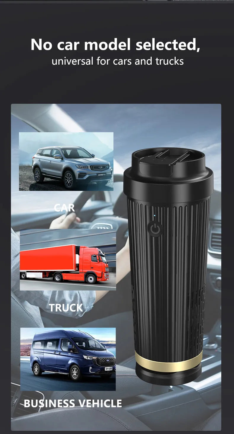 Smart heating and cooling cup in black plastic with white interior and 12V car plug