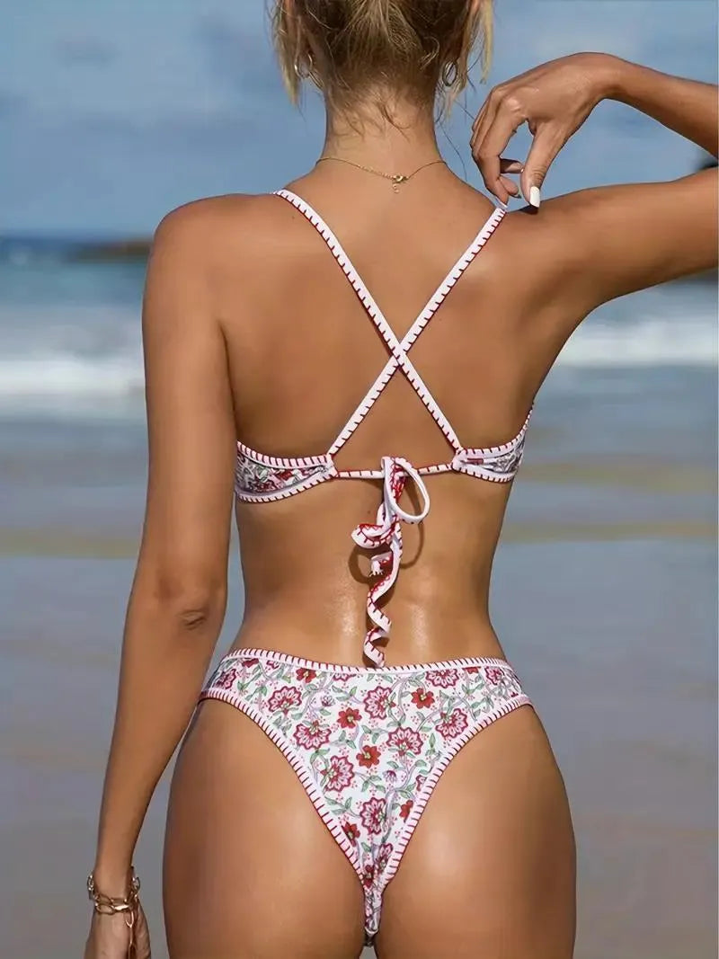 Women's floral print V-neck swimsuit with embroidery in blue and green colours